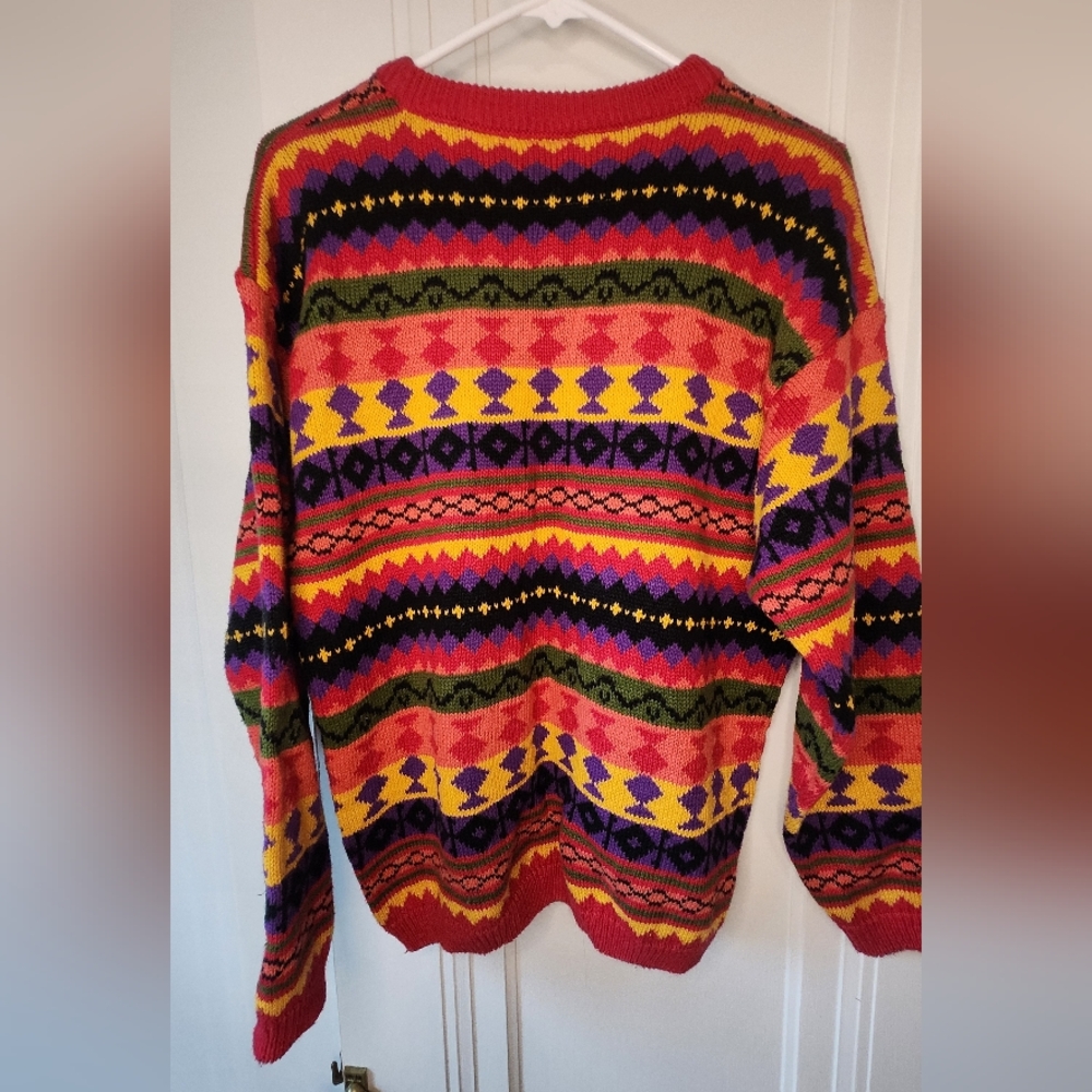 Vintage 80s 90s Interim Geometric Knit Sweater Bold Colorful Sz small Coogi Vibe - Picture 6 of 10